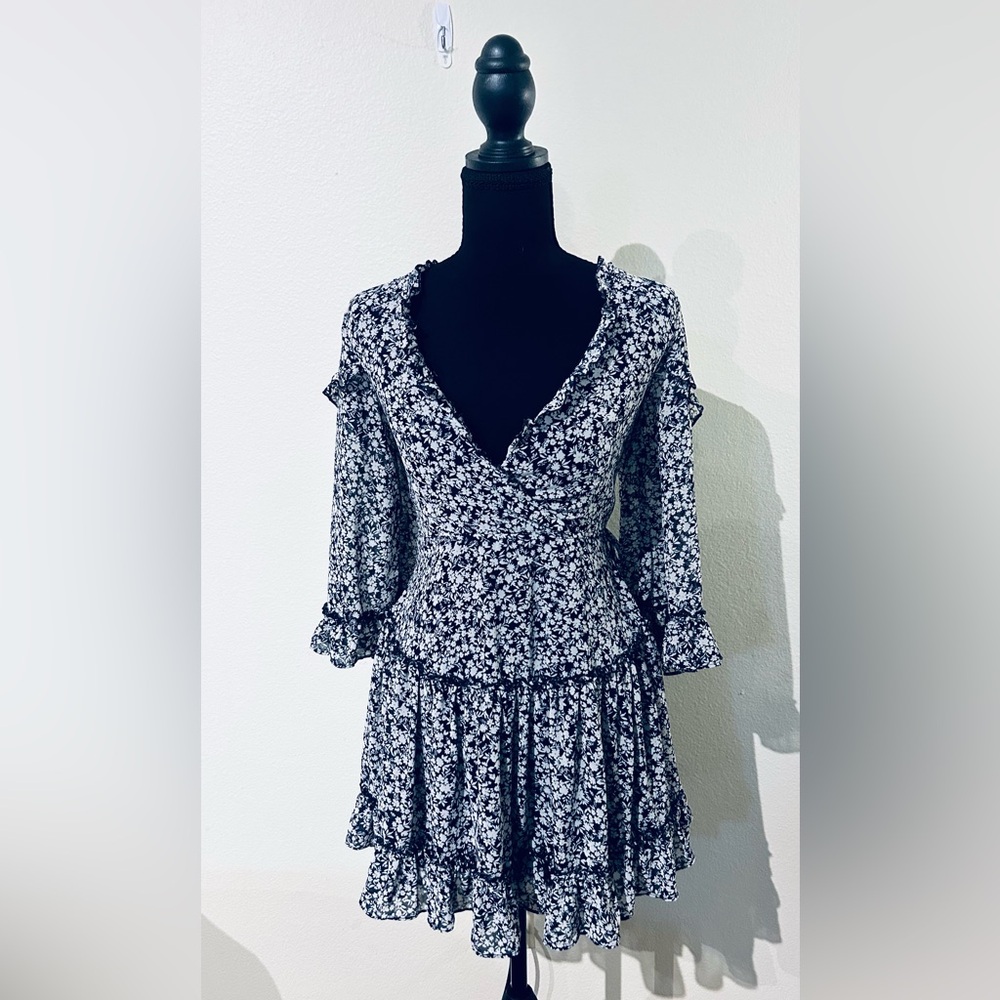 Altar'd State Navy Blue and White Floral Long Sleeve Dress